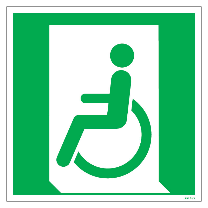 E026 Nödutgång för personer som inte går eller går med funktionsnedsättning (vänster) skylt