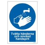 Tvätta händerna och använd handsprit skylt