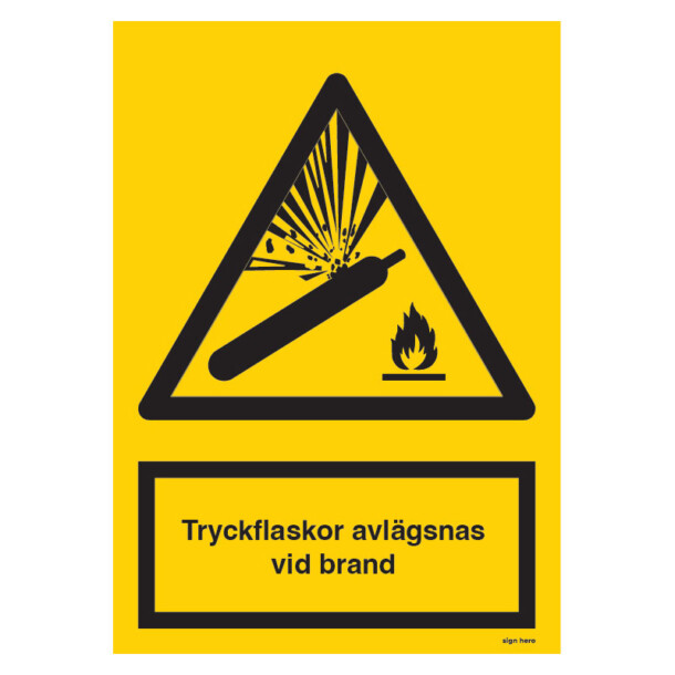 Tryckflaskor avlägsnas vid brand varningsskylt