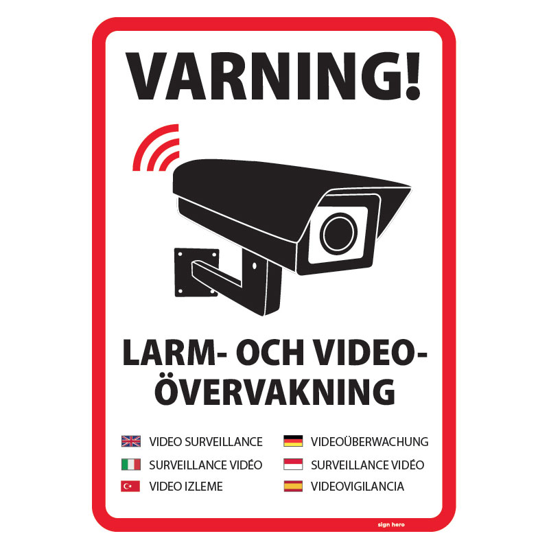 Varning! Larm- och videoövervakning skylt på flera språk skylt